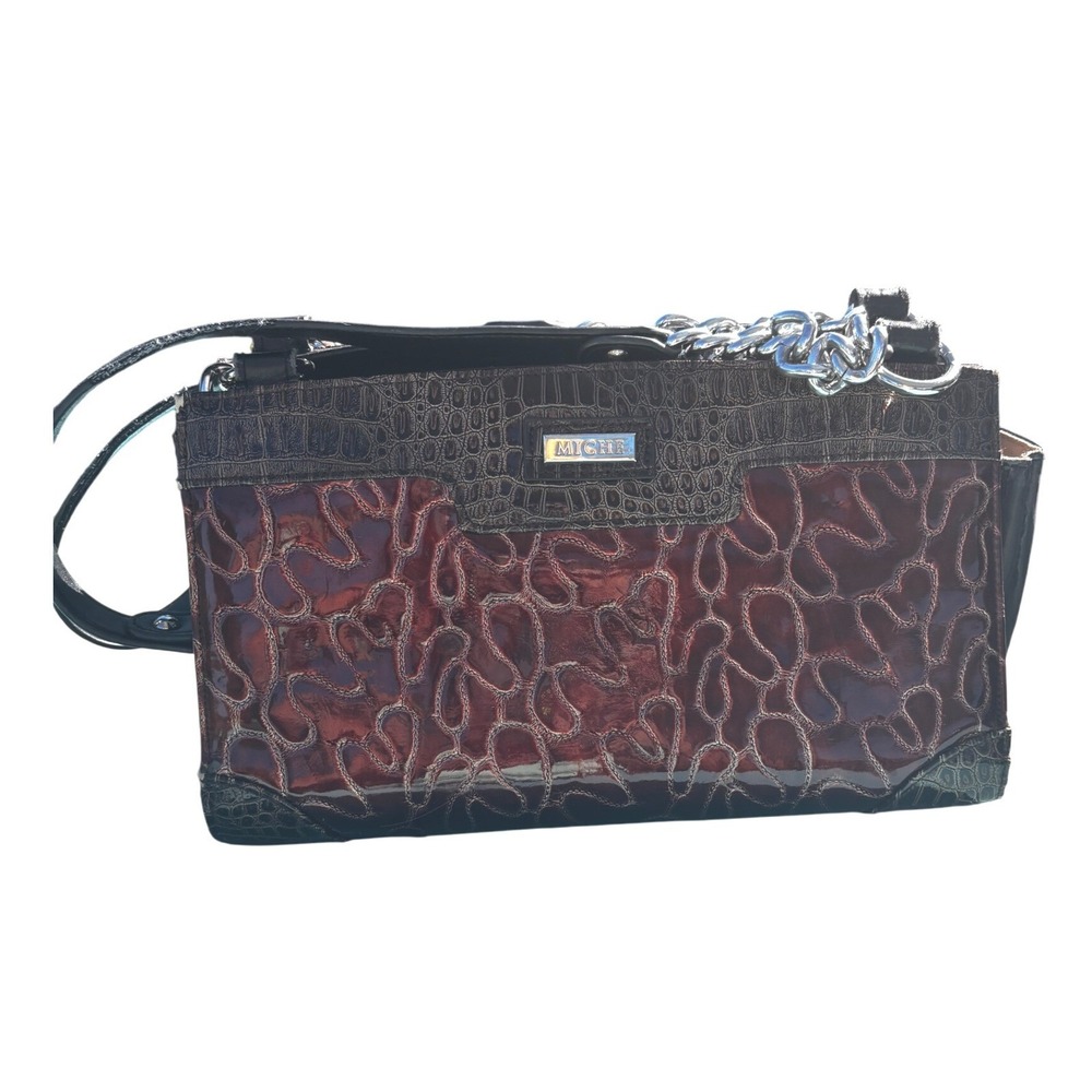 MICHE Designer Shoulder Bag Purse Chain Strap Crocodile Embossed Red Floral
